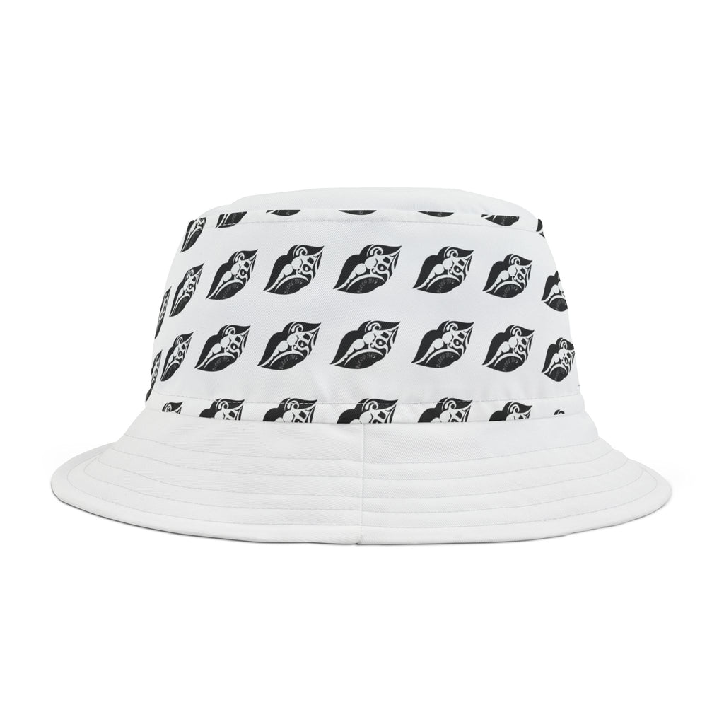 Black Kiss Print Bucket Hat — Repeated Lip Pattern Sun Hat