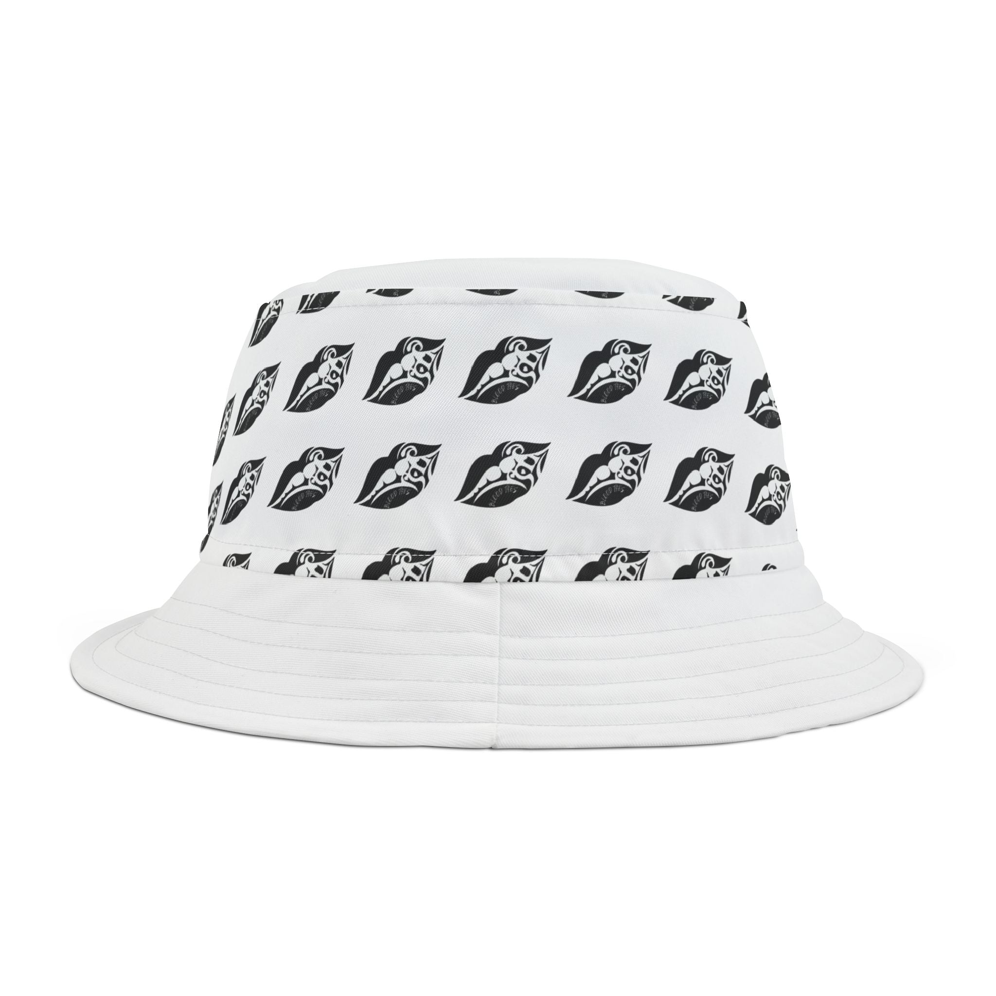 Black Kiss Print Bucket Hat — Repeated Lip Pattern Sun Hat
