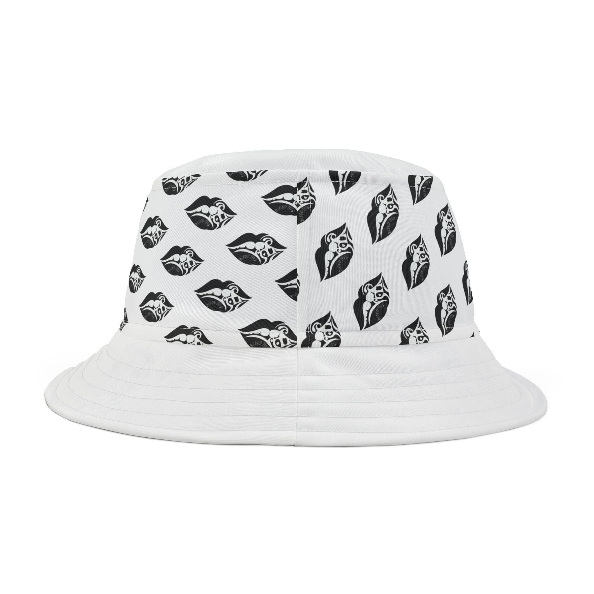 Black Kiss Print Bucket Hat — Repeated Lip Pattern Sun Hat