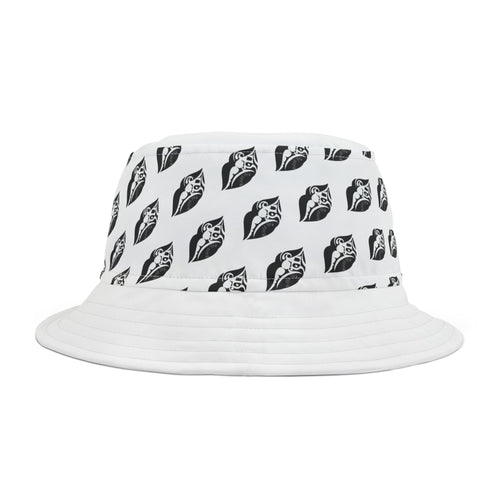 Black Kiss Print Bucket Hat — Repeated Lip Pattern Sun Hat