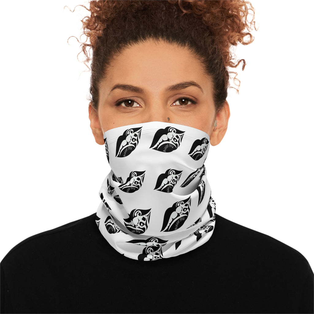 Black & White Lip Pattern Winter Neck Gaiter — Cozy Drawstring Face Scarf